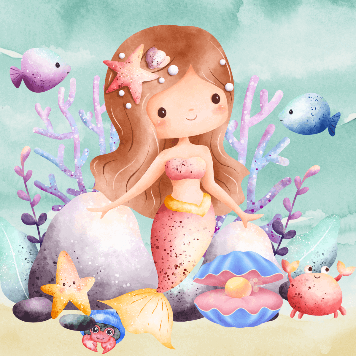 Fantsiful underwater havfrue på cakeprint med søde søheste og skaller, perfekt til fødselsdagskager og festdekorationer.