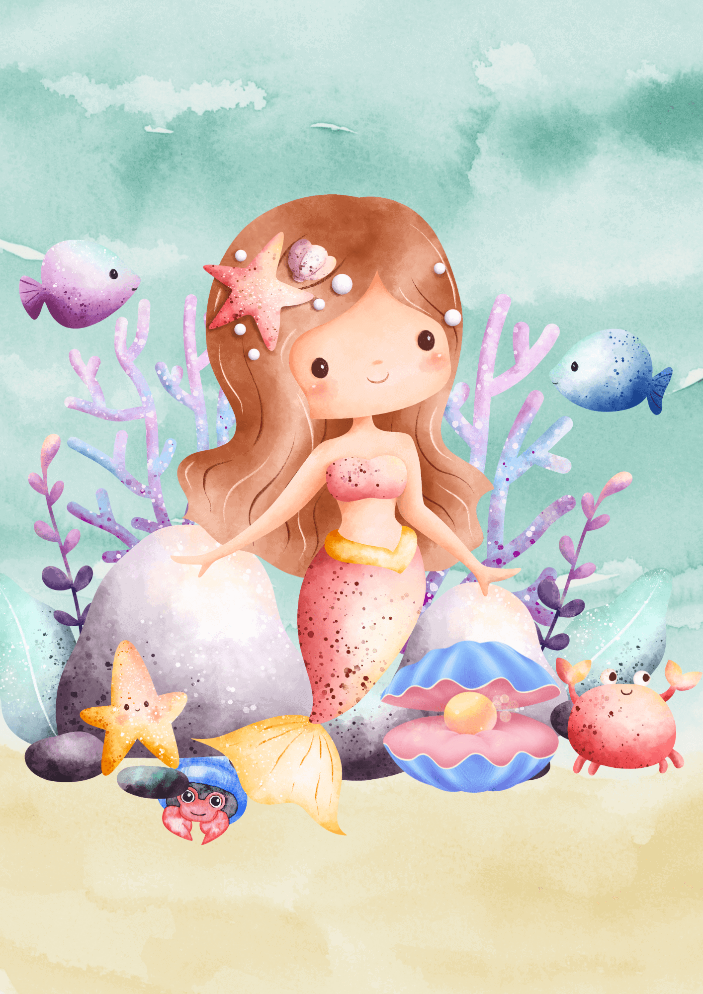 Fantsiful underwater havfrue på cakeprint med søde søheste og skaller, perfekt til fødselsdagskager og festdekorationer.