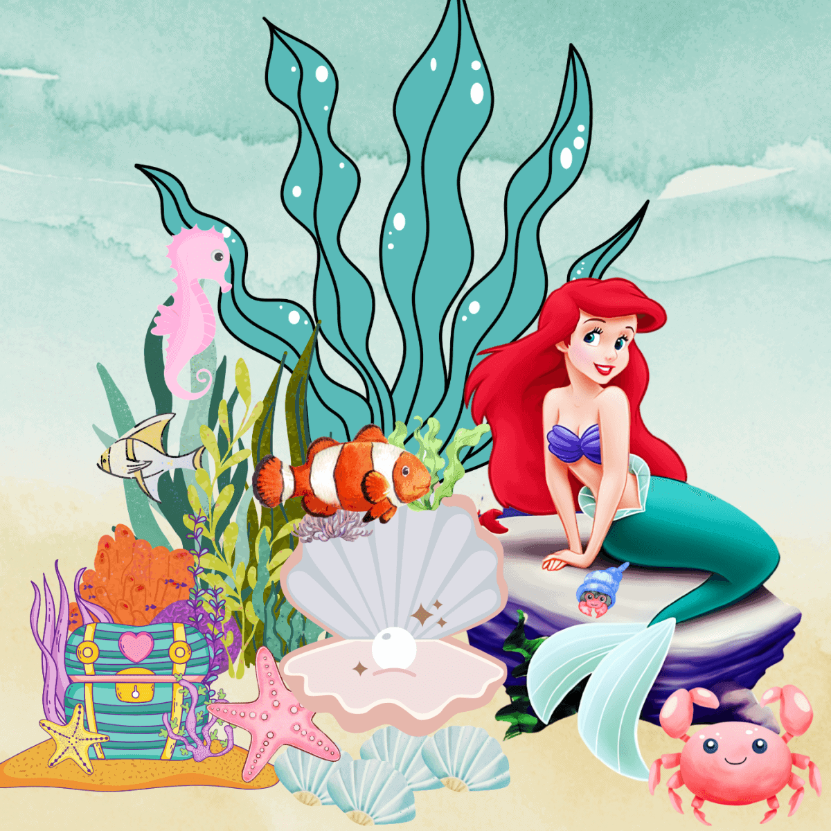 Farvelagt Disney Ariel havverden med skaller, søde fisk, havdyr og undervandselementer. Perfekt til børnefødselsdage og temafester.