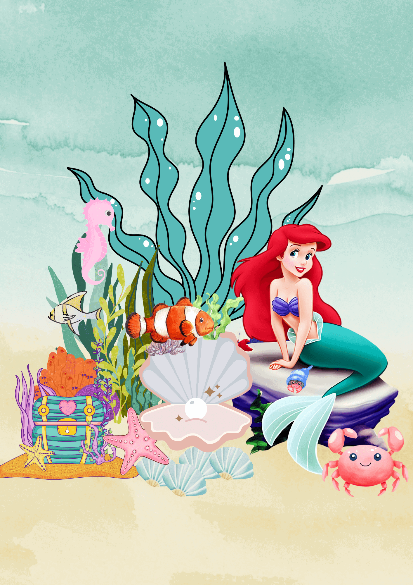 Farvelagt Disney Ariel havverden med skaller, søde fisk, havdyr og undervandselementer. Perfekt til børnefødselsdage og temafester.