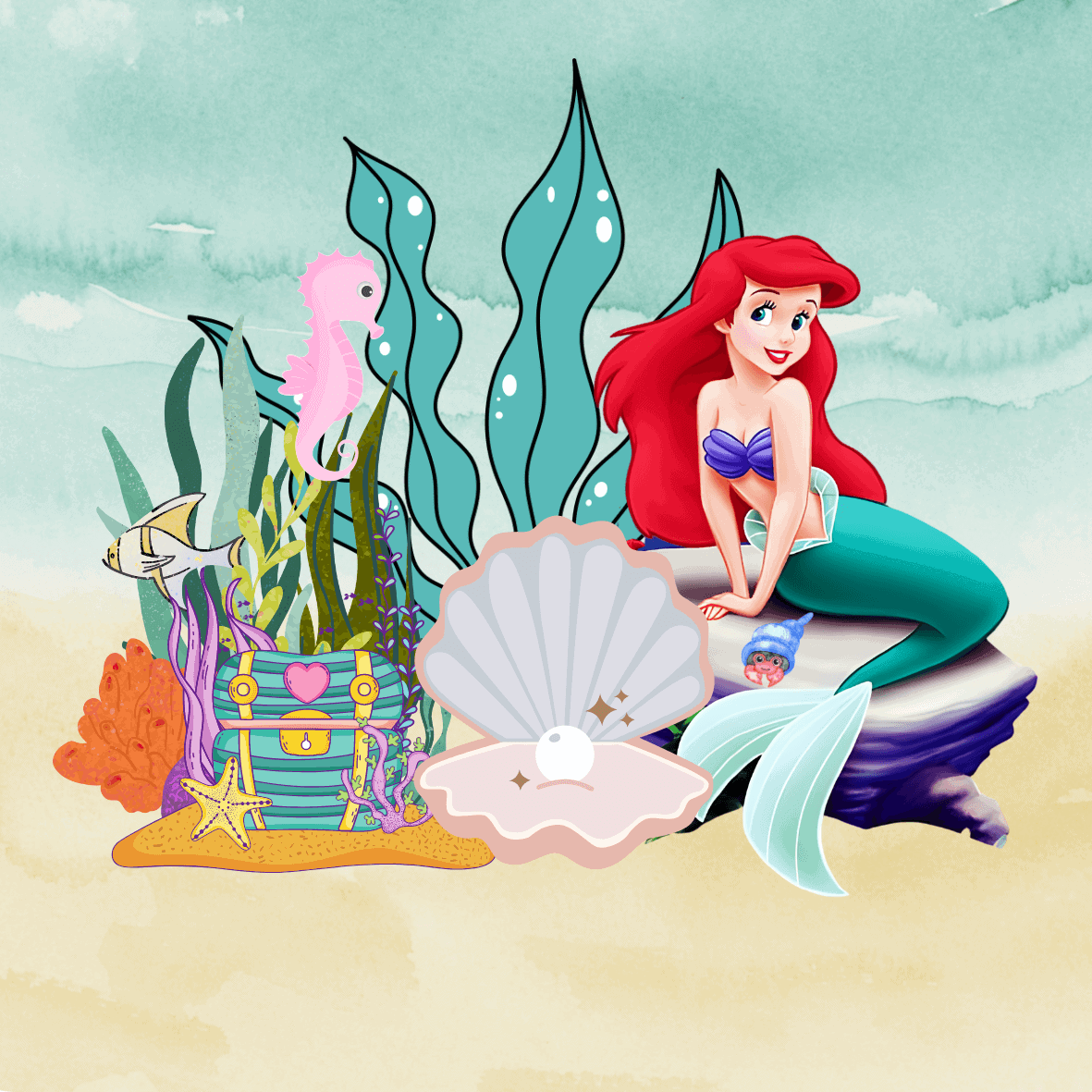 Børnevenlig havfrue-kageprint med undervandstema til fødselsdage.