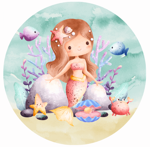 Søte havfrue illustration med farverige havdyr og undervandslandskab.