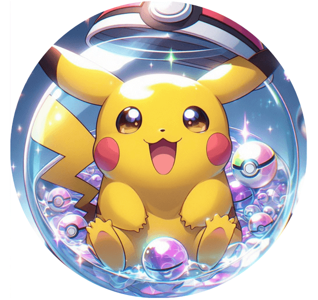 Farvet Pikachu Pokémon illustreret på glaskugle med Pokéball elementer.