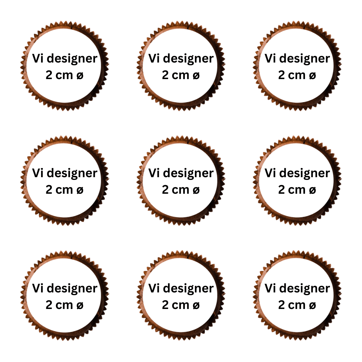 Billede af chokolade muffins med "Vi designer 2 cm ø" tekst, til tilpassede kager og chokoladeprint.