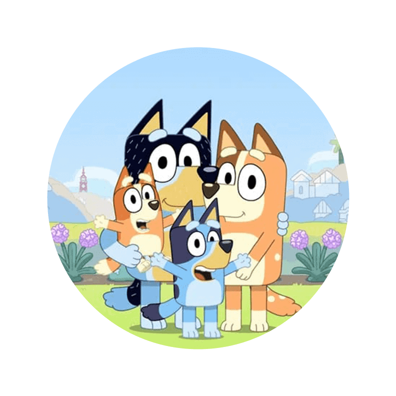 Søde hunde karakterer fra børneanimation i grøn baggrund med blomster.