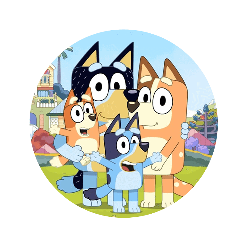 Hundefigurer fra Animationsfilm, glad gruppe med masker og festlig baggrund.