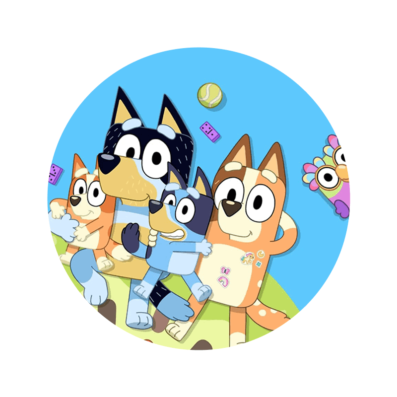 Farverige tegneseriehundevenskab med glade katte og pizzaspil i baggrunden, til børne fødselsdagskager og festdekorationer.