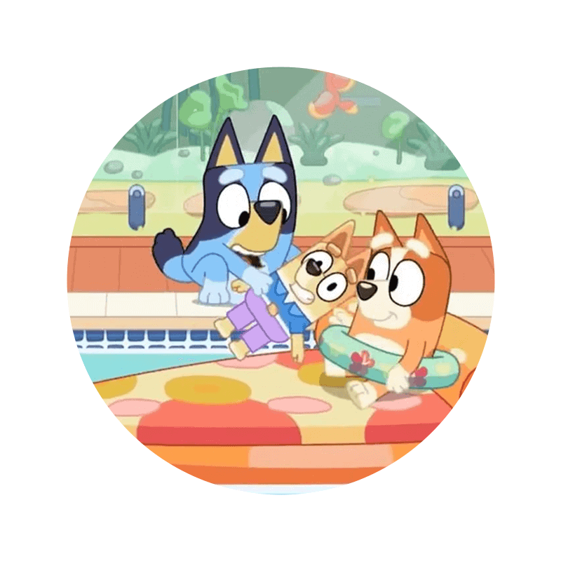 Badende hunde i cartoons stil, sommerferie, pool party, familietid, sjov og afslapning, hyggeligt kæledyr, børnevenligt.