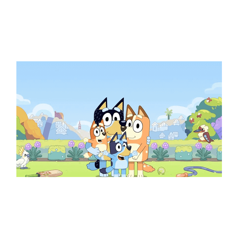 Billede af glade hunde og katte med balloner og blomster i en farverig havehimmel.