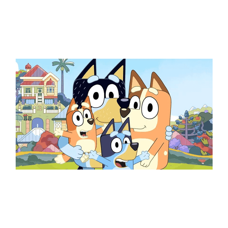 Hundevenner med tegneseriehunde, farverige huse og blomster i baggrunden.