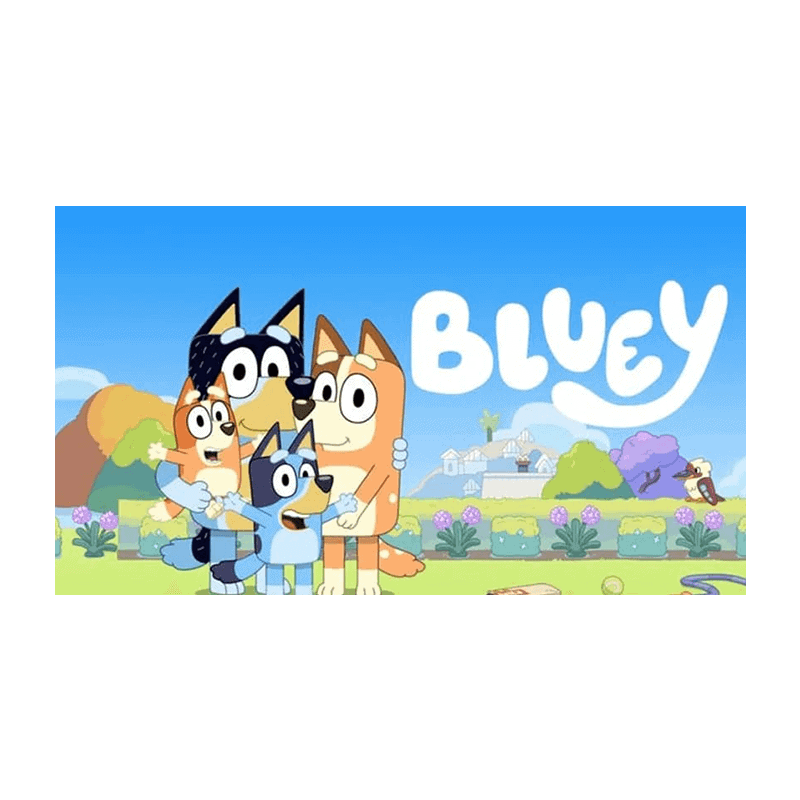 Billede af Bluey og familie på en farverig baggrund med logo for Bluey, egnet til børnehelligdom og kagedekorationer.