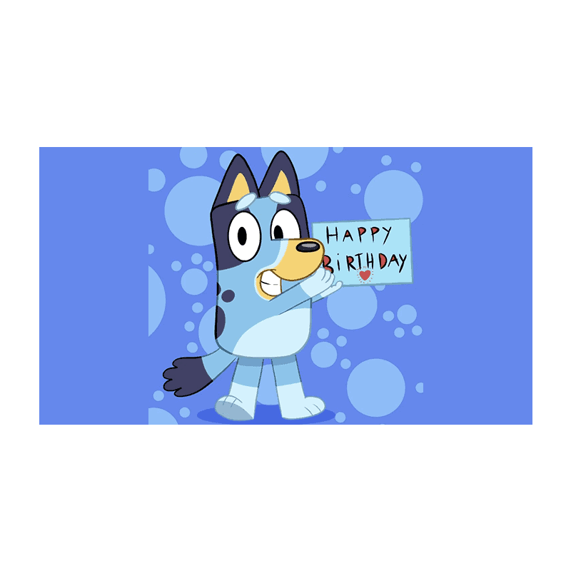 Kusine af tegneseriehunden med fødselsdagshilsen på kort, blå baggrund, børnevenligt design, ideelt til fødselsdagskager.