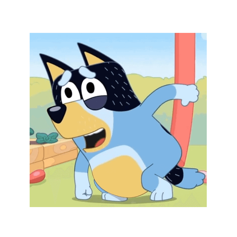 Sød hunde-tegneserie med glad ansigtsudtryk og farverige baggrund.