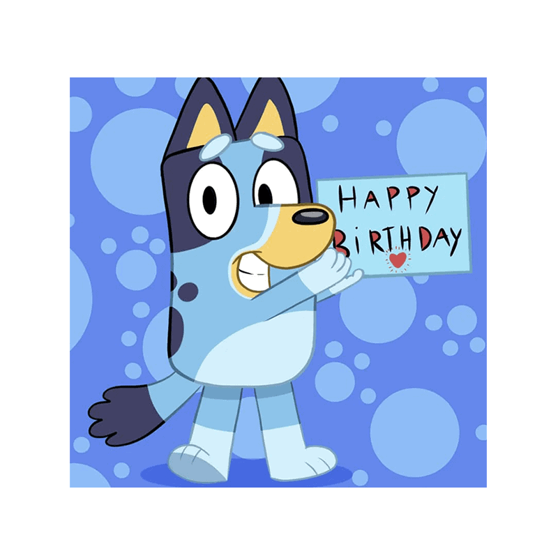 Farverig animaiton af hundekarakter med "HAPPY BIRTHDAY" kort for fødselsdagsbillede.