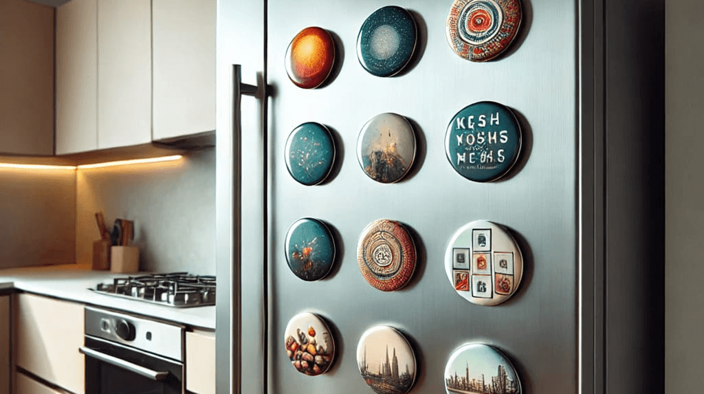 Dekoreret køleskab med unikke magnetiske plakater og kunstneriske mønstre.