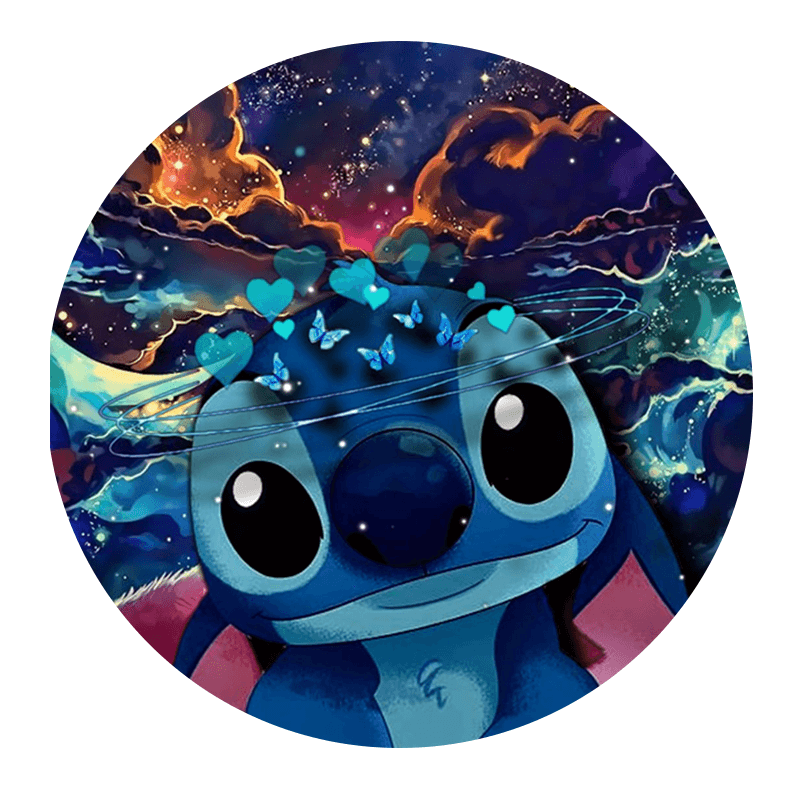 Sød tegneserie-stil af Stitch med himmelbaggrund og hjertet 2018, deep blue, quirky, baby, galakse, eventyr, sød, dekorativ, fargemættet.