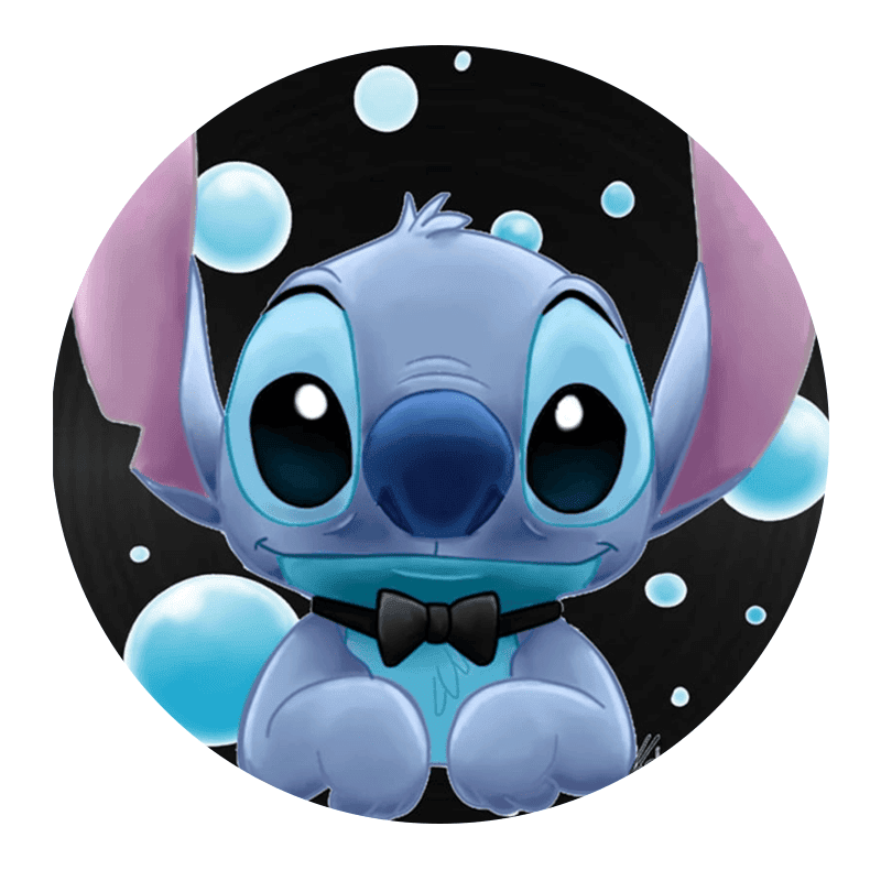 Lysende blå Disney-stil Stitch chokolade-/kageprint med balloner, perfekt til fødselsdagskagen.