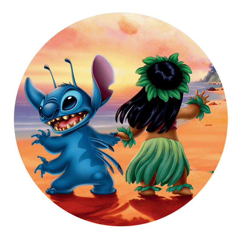 Kageprint af Stitch og Moana på strand, perfekt til børnefødselsdag, tropisk tema, skræddersyet kageprint, børnevenlig dekor.