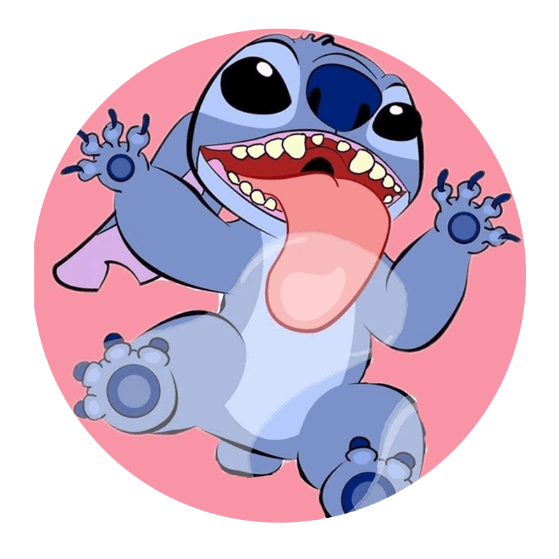 Energisk tegneseriefigur af Stitch fra Lilo & Stitch med stor mave og åbent smil.