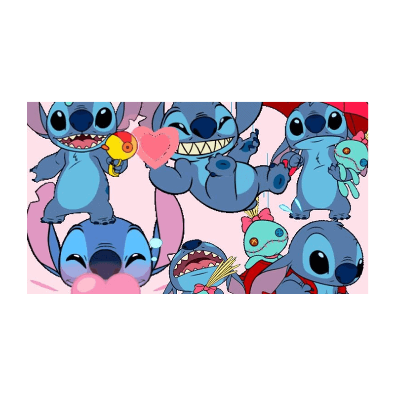 Stitch-figurer på kageprint med farverige design til børnefest.