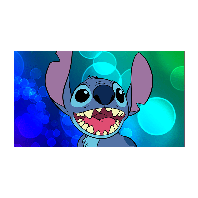 Kunstnerisk tegning af Stitch fra Disney, på fængende farvestrålende baggrund.