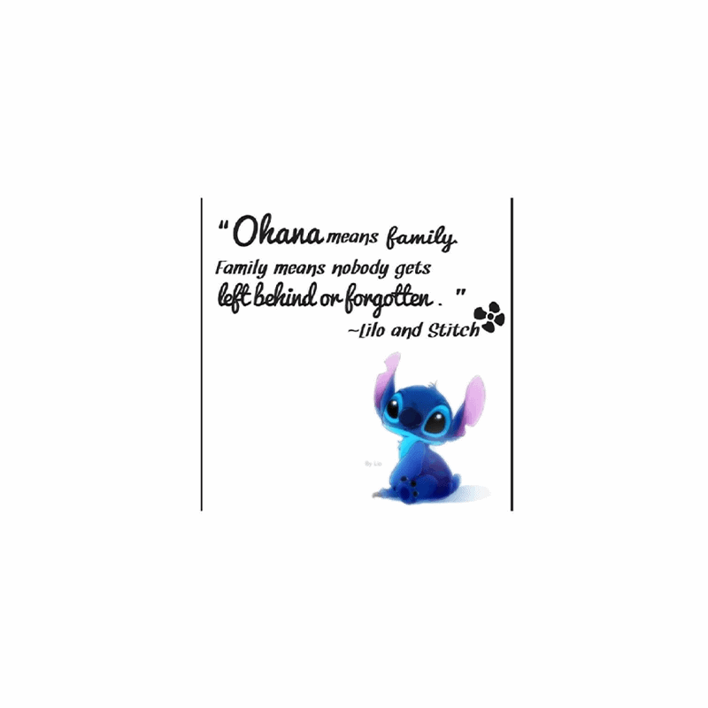 Lilo og Stitch børnetekst på kageprint med familieværdi, sød Disney-inspireret dekoration.