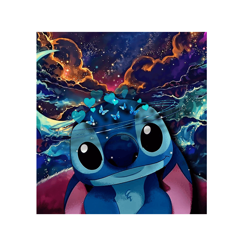 Blå Stitch-kageprint med fantasifuldt galaksemiljø og glade hjerter, perfekt til fejring og børnefødselsdage.