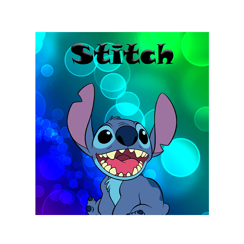 Stitch tegnefilm på kageprint med farverige baggrund, ideel til festkager og børnefødselsdage.