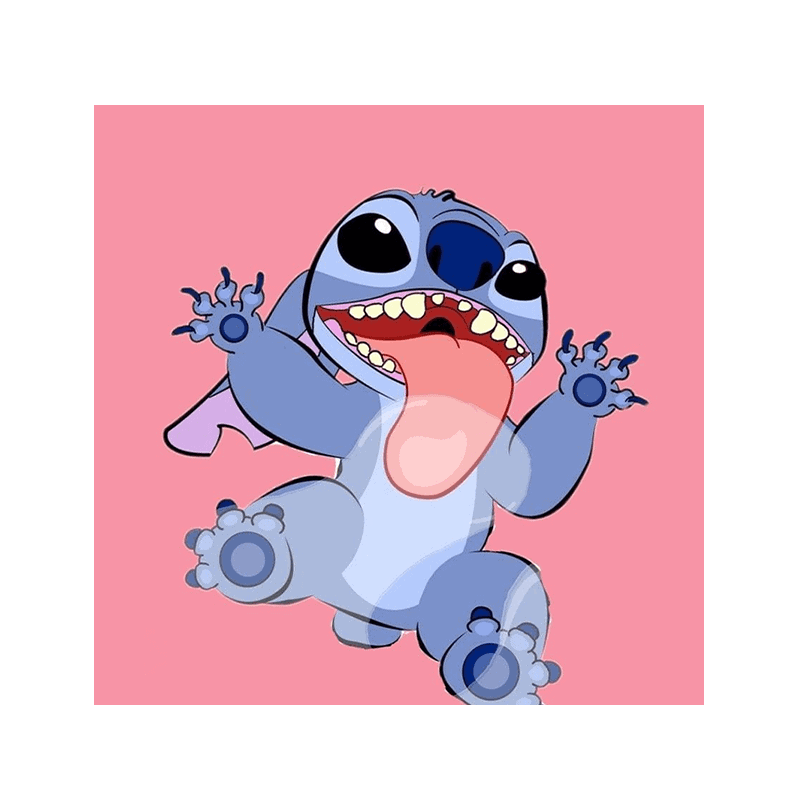 Lille Disney-figur med stort smil, blå farvetest, lyserødt baggrund.