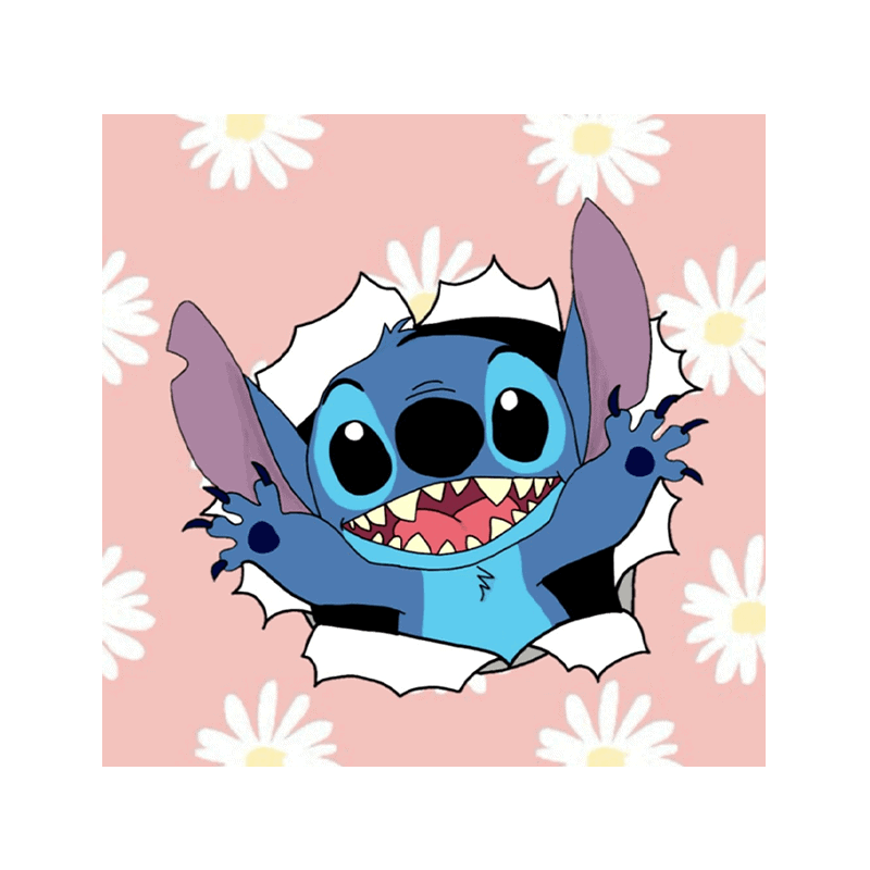 Sød tegneserie af Stitch fra Lilo & Stitch, der bryder igennem en lyserød baggrund med blomster.