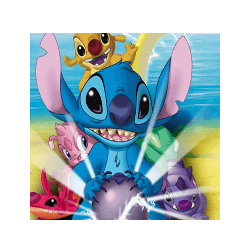 Farverigt tegneserie-stil af Stitch, Angel og andre karakterer fra Disney's Lilo & Stitch, lavet til børne-kageservice.