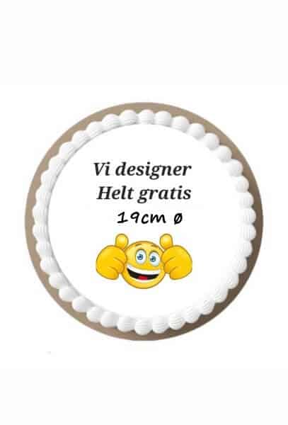 Etiket med gratis design af kage, 19 cm diameter, lykønskning med smiley og seværdighed, til personlig tilpasning - CakePrint.dk.