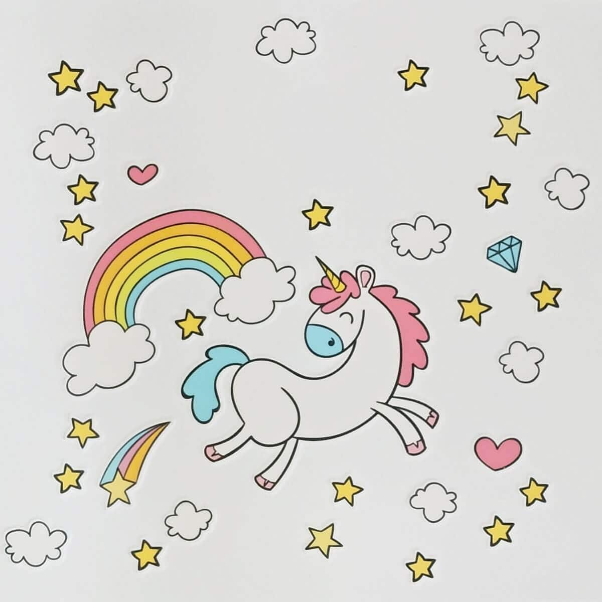 Rainbow og enhjørning drawning til kageprint, sjov og farverig kagedekoration, perfekt til fødselsdage og festlige lejligheder.