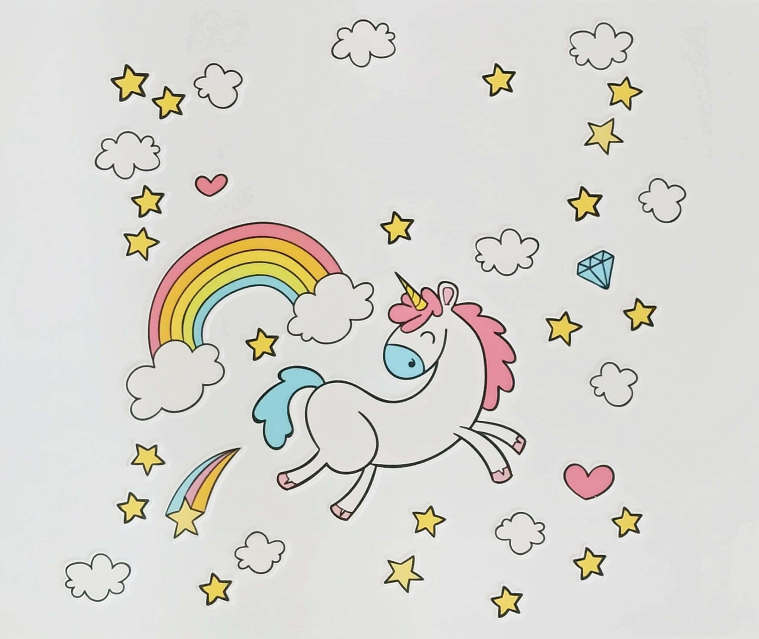 Rainbow og enhjørning drawning til kageprint, sjov og farverig kagedekoration, perfekt til fødselsdage og festlige lejligheder.