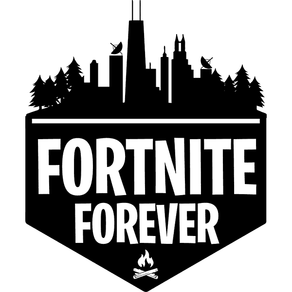 Fortnite forever logo med bybygningsdetaljer og træer i sort hvid.