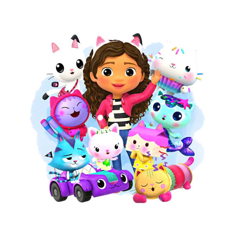 Farverig tegnefilm med fantasivæsner og børn, ideelt til børnefødselsdage og festdekorationer.