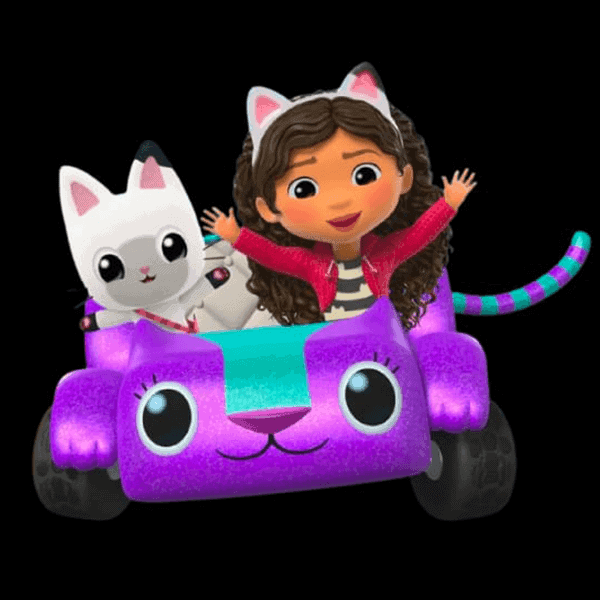 Farvet katte- og børnefigur på legetøjsbil, perfekt til børnefødselsdag og festdekorationer.