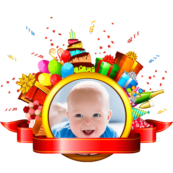 Festlig børnefoto med farverigt fødselsdagsupspil og pynt, perfekt til personlige fødselsdagsbilleder.