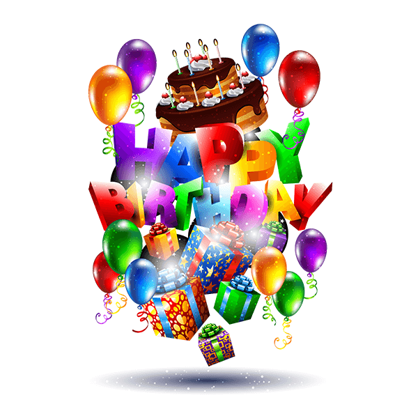 Farverige fødselsdagsballoner, gavebokse og fødselsdagstaleoverlay.