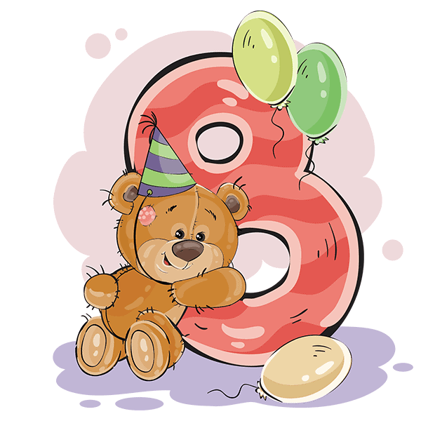 Festpresent med bamse, ballon, fødselsdagskage og slik til børnefødselsdagen. Ideelle dekorationer og godter til børnearrangementer.