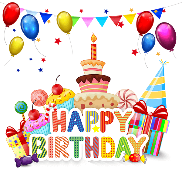 Farvet balloons og fødselsdagskage med "Happy Birthday" dekor, perfekt til børnefest og fødselsdagsfejring.