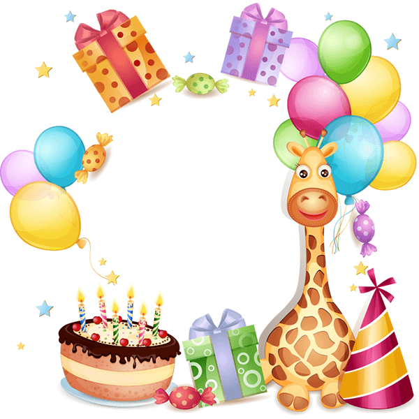 Sjov fødselsdagsindretning med ballon, gave og girafffigur.