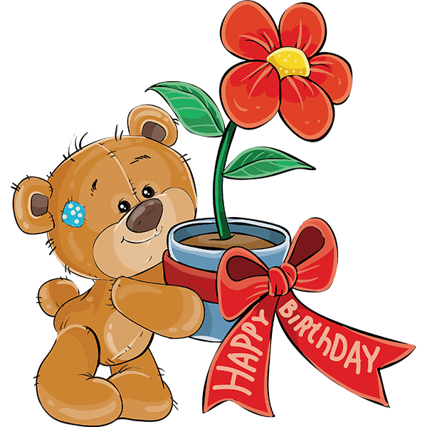 Blomst i potte med bamse, fødselsdagsgave og rødt bånd med "Happy Birthday".