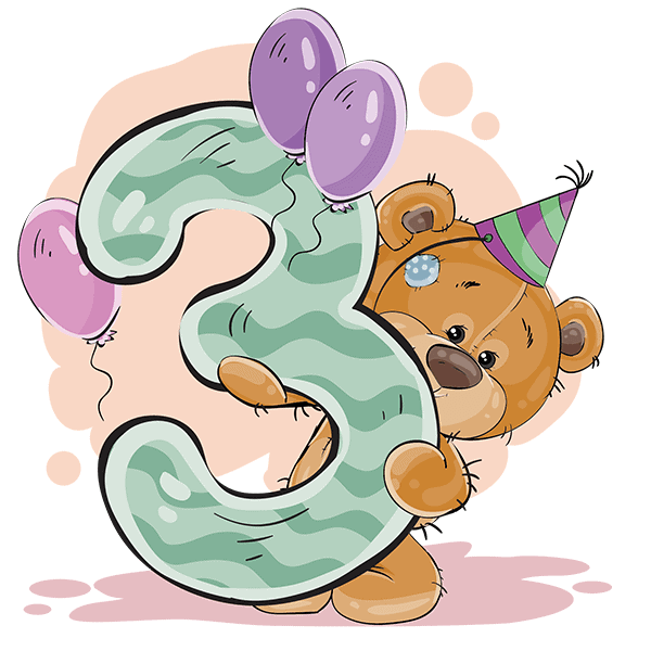 Luckyldig 3-tal nummer med pyntet bamse til fødselsdagskort eller festpynt, børnefest dekoration, børnebedesgade.