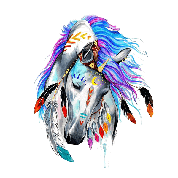 Farvet regnbuehest med indianerinspiration og piercing, kunstnerisk illustration, ideelt til kagepynt og festtemaer.