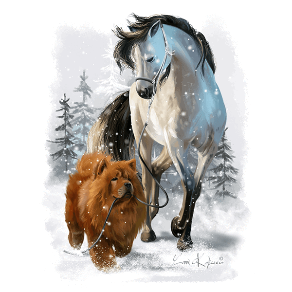 Hest og løve på snefuldt vinterlandskab, kunstprint til kaake dekorationer.