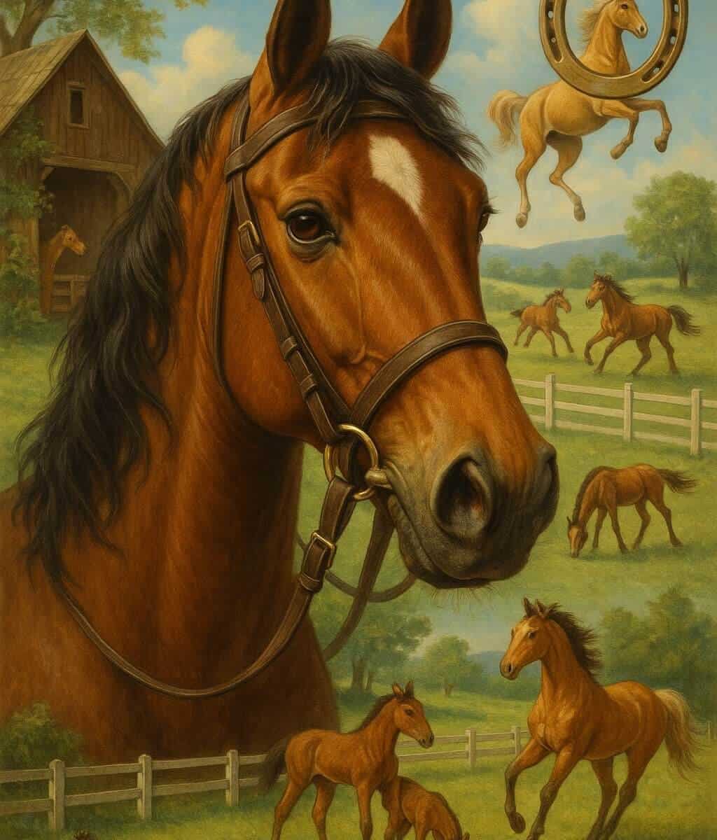 Hesteansigt ved græsareal med mange oppustelige hopper og frugttræer, i lyse og varme farver.