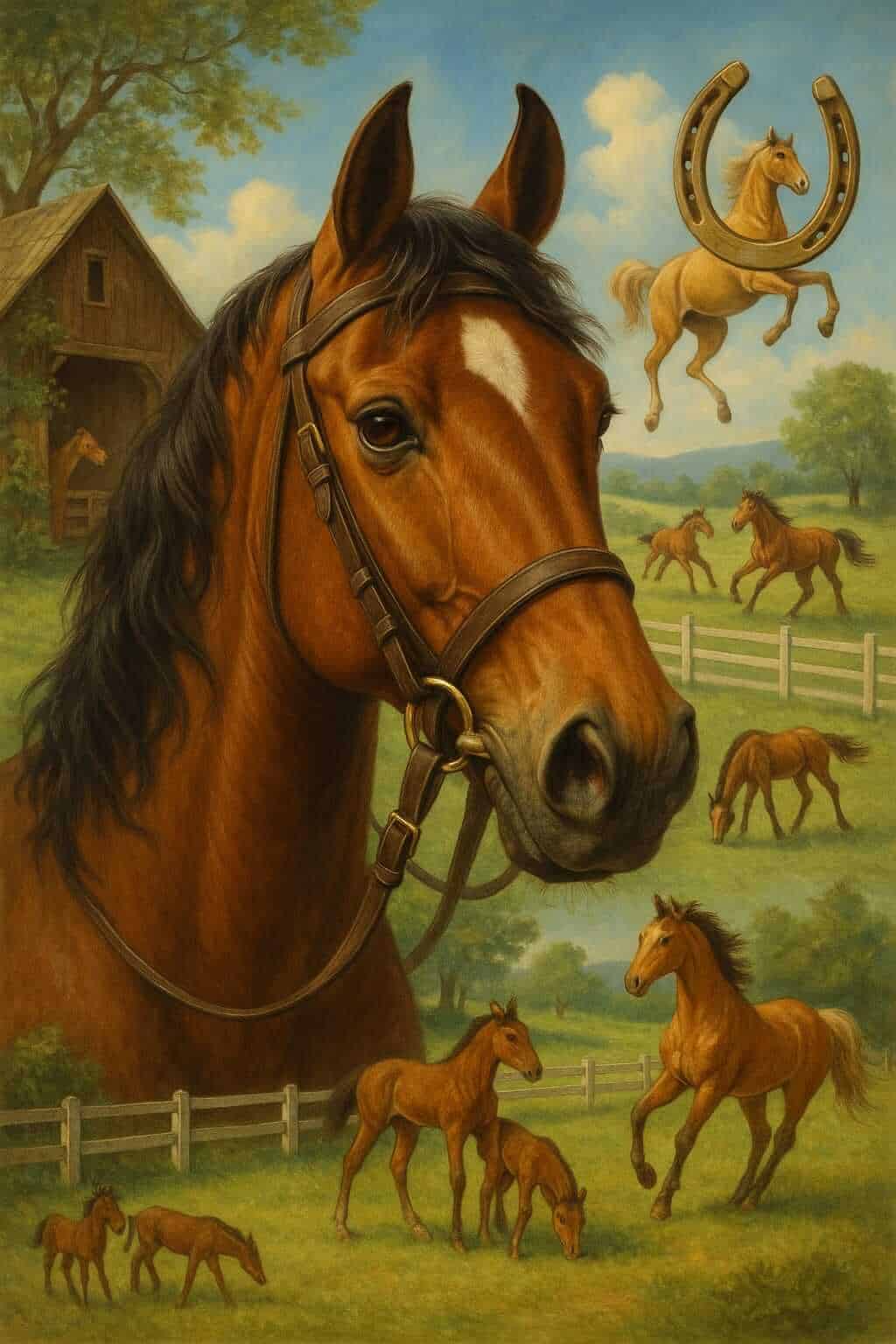 Hesteansigt ved græsareal med mange oppustelige hopper og frugttræer, i lyse og varme farver.