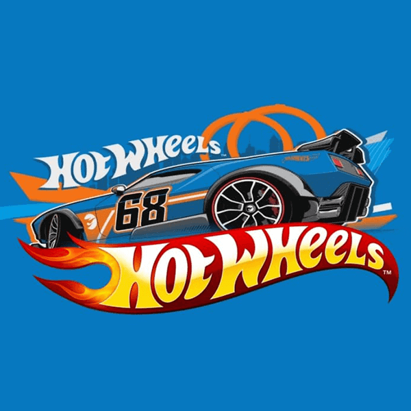 Hot Wheels racerbils med logo på blå baggrund.