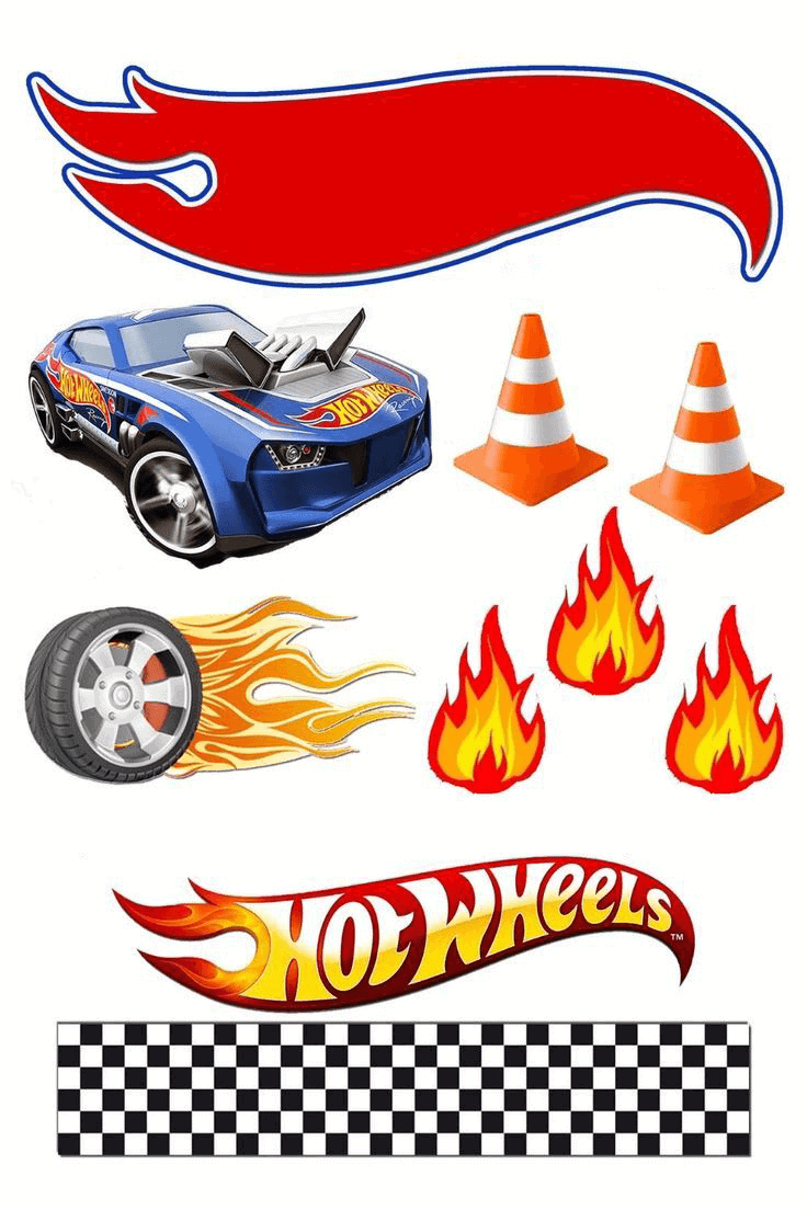 Hurtig bil med 3D Hot Wheels logo, vejstandsalirover, flammer og trafik kegler.